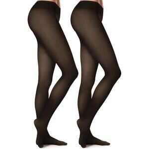 Women Black 2 Pairs Fleece Lined Tights Ultra Warm Fake Sheer Pantyhose Leggings